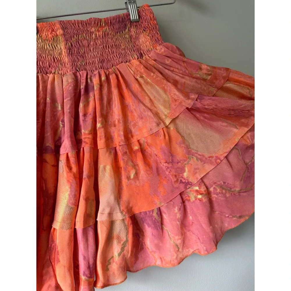 Pahiesa Formentera Silk Mini Skirt XS Tiered Smocked Ruffle Boho